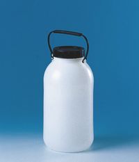 Storage bottle, PE-HD, wide neck, with screw cap, with carrying handle