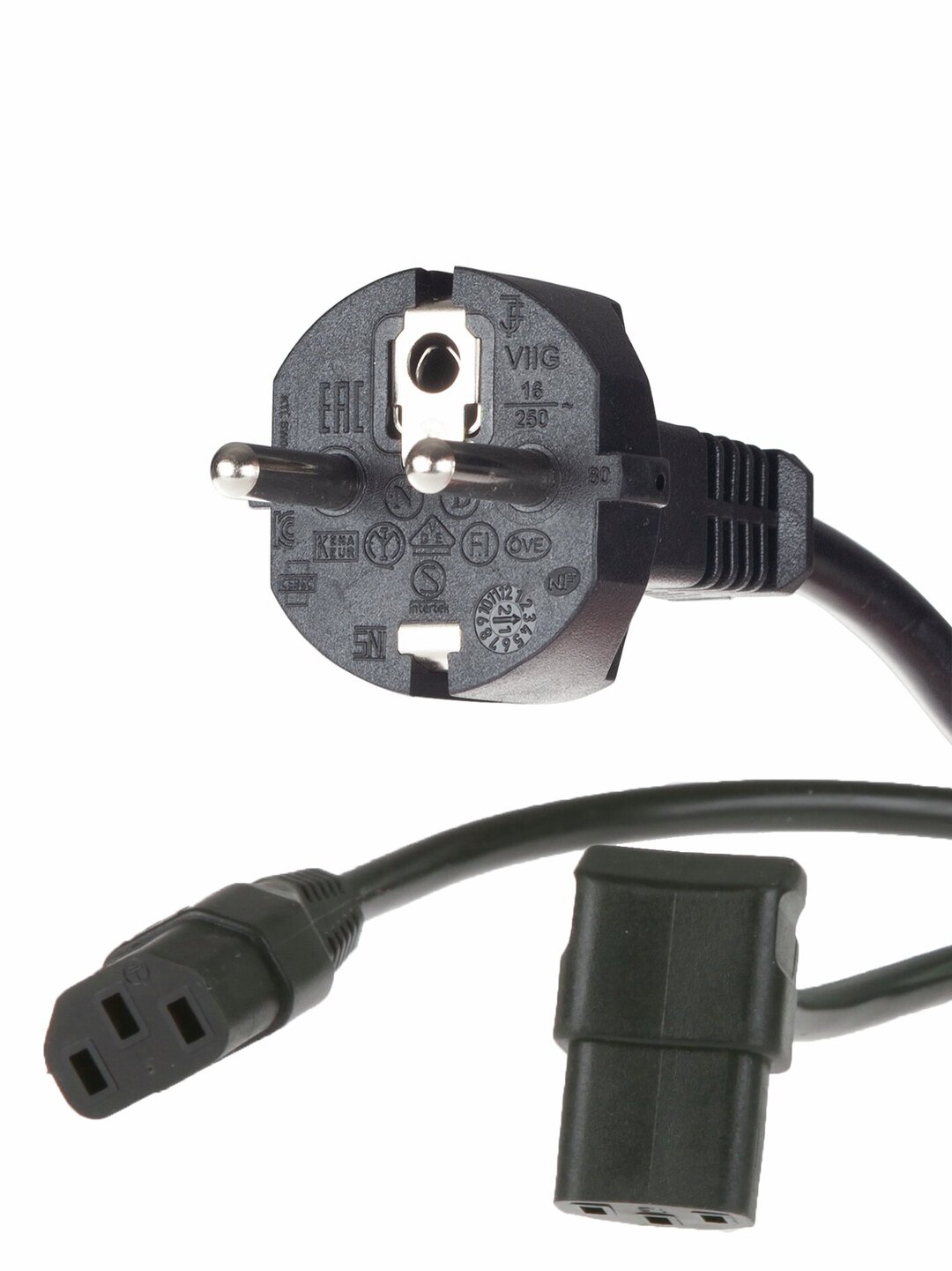 Mains cable with CEE plugand 1 x ICE socket straightand 1 x IEC socket angled