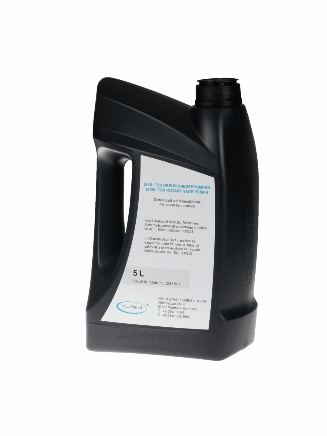 Huile B pour pompe à palettes, bidon de 5 litresLes informations de sécurité peuvent être téléchargéessur https://www.vacuubrand.com/safety-information.