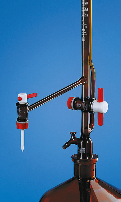 Automatic burettes Pellet pattern, SILBERBRAND, class B, amber, with intermediate stopcock, lateral stopcock, PTFE key Automatic burettes Pellet pattern, SILBERBRAND, class B, amber, with intermediate stopcock, lateral stopcock, PTFE key