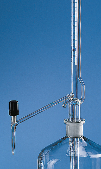 Automatic burettes Pellet pattern, BLAUBRAND®, class AS, DE-M, without intermediate stopcock, lateral valve cock, blue Schellbach stripe Automatic burettes Pellet pattern, BLAUBRAND®, class AS, DE-M, without intermediate stopcock, lateral valve cock, blue Schellbach stripe