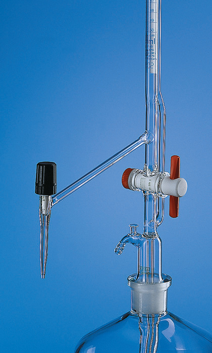 Automatic burettes Pellet pattern, BLAUBRAND®, class AS, DE-M, with intermediate stopcock, PTFE key, lateral valve cock, blue Schellbach stripe Automatic burettes Pellet pattern, BLAUBRAND®, class AS, DE-M, with intermediate stopcock, PTFE key, lateral valve cock, blue Schellbach stripe