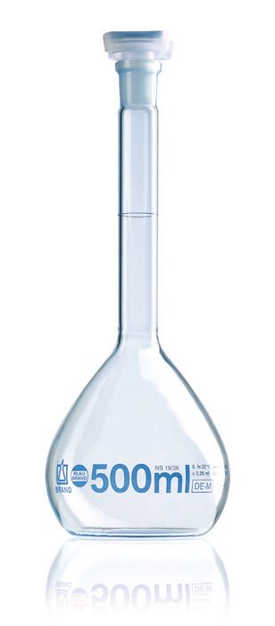 Volumetric flasks, BLAUBRAND®, class A, DE-M, Boro 3.3, with PP/PE stopper, ISO batch certificate