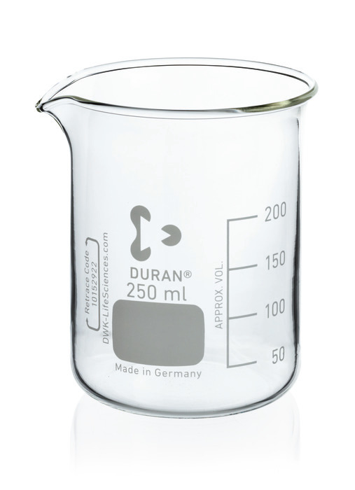 Becher, niedere Form, Boro 3.3, graduiert, mit Ausguss Becher, niedere Form, Boro 3.3, graduiert, mit Ausguss