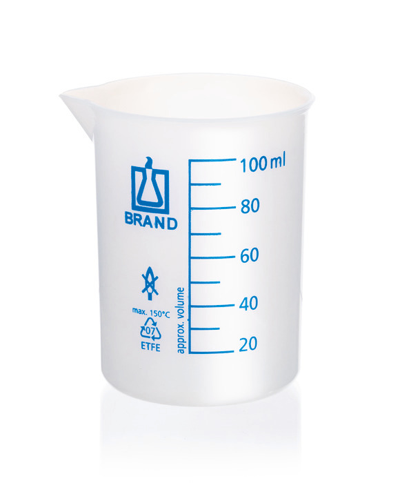 Beakers, short form, ETFE, blue printed scale, with spout Beakers, short form, ETFE, blue printed scale, with spout