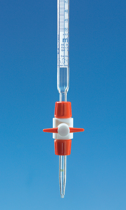 Compact-Burettes, BLAUBRAND®, class AS, Boro 3.3, DE-M, with PTFE stopcock, blue Schellbach stripe Compact-Burettes, BLAUBRAND®, class AS, Boro 3.3, DE-M, with PTFE stopcock, blue Schellbach stripe