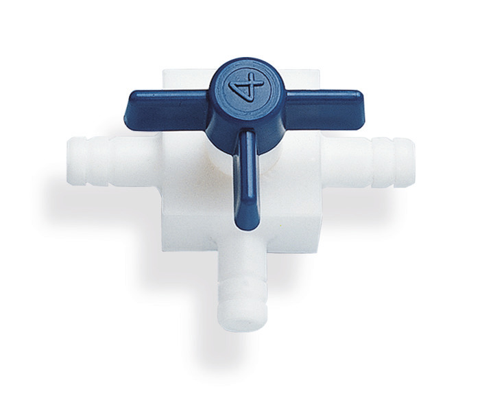 Stopcocks, PTFE, three-way, With nozzles