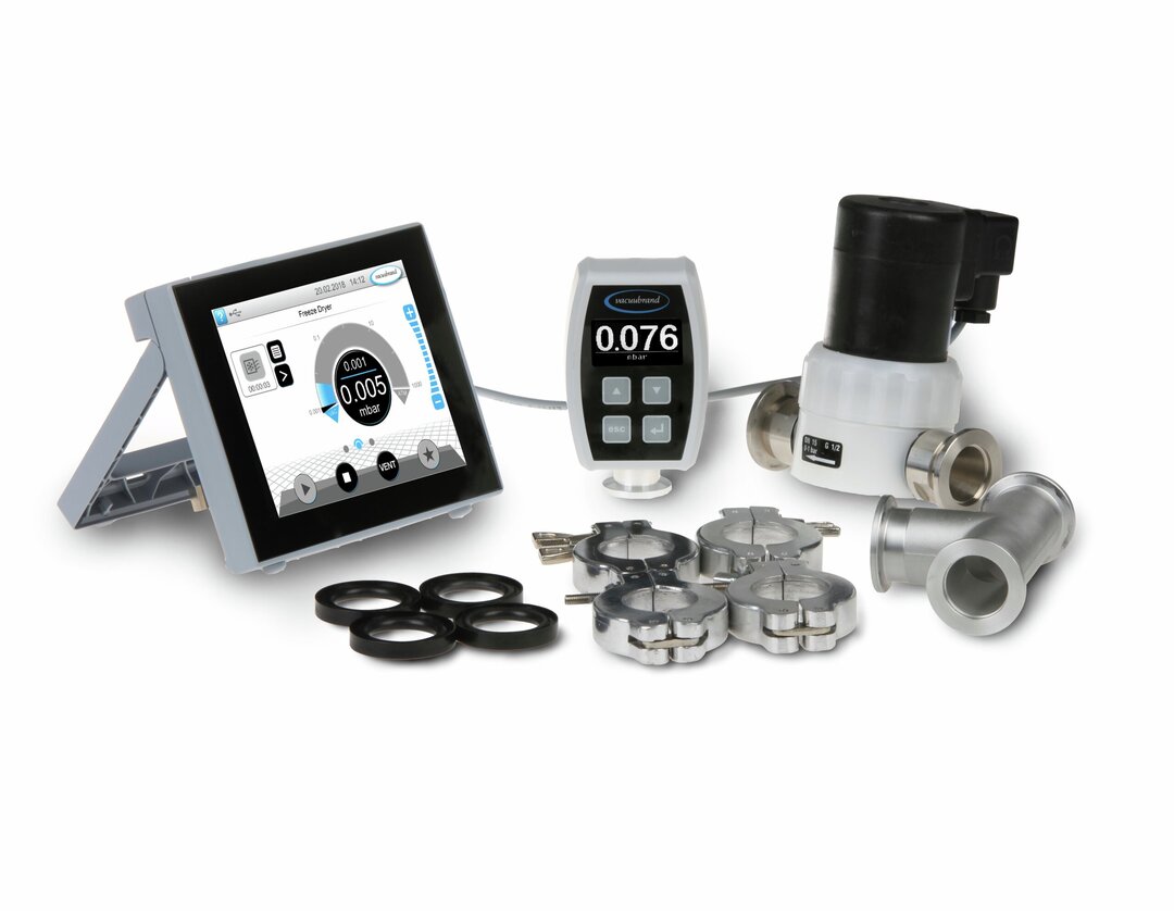 VACUU·SELECT ensemble pour régulation de vide finavec VACUU·VIEW extended pour petite bride DN 16,avec électrovanne de régulation VV-B 15C, Té,embout cranté DN 10 et autres composants deconnexion DN 16, 100-230V / 50-60Hz,